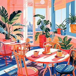 Bekijk kunstwerken Kleurrijk acrylschilderij “Morning cafe II” (2025) van Kosta Morr