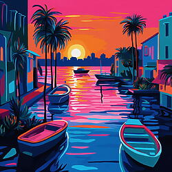 Bekijk kunstwerken Neonkleurig acrylverfschilderij "Vissersdorp II" (2025) van Kosta Morr