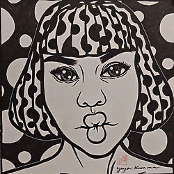 Pop-Art Tuschezeichnung „Fille" von Yayoi Kusama, handsigniertes Unikat