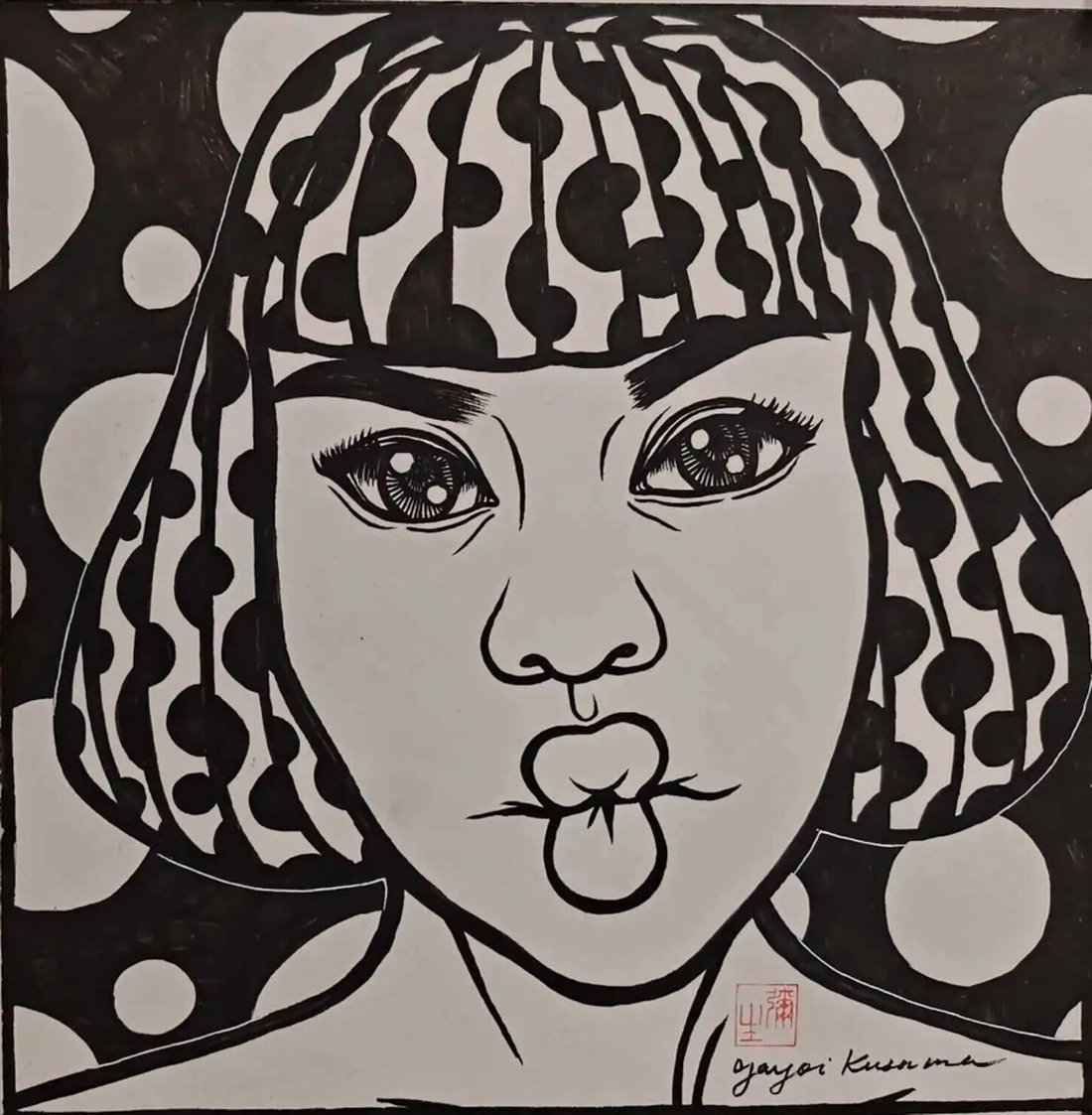 Pop-Art Tuschezeichnung „Fille" von Yayoi Kusama, handsigniertes Unikat