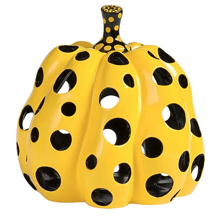 Handbemalte Figur „Pumpkin" (2025) von Yayoi Kusama, Zinklegierung mit perforierten Punkten, limitierte Edition