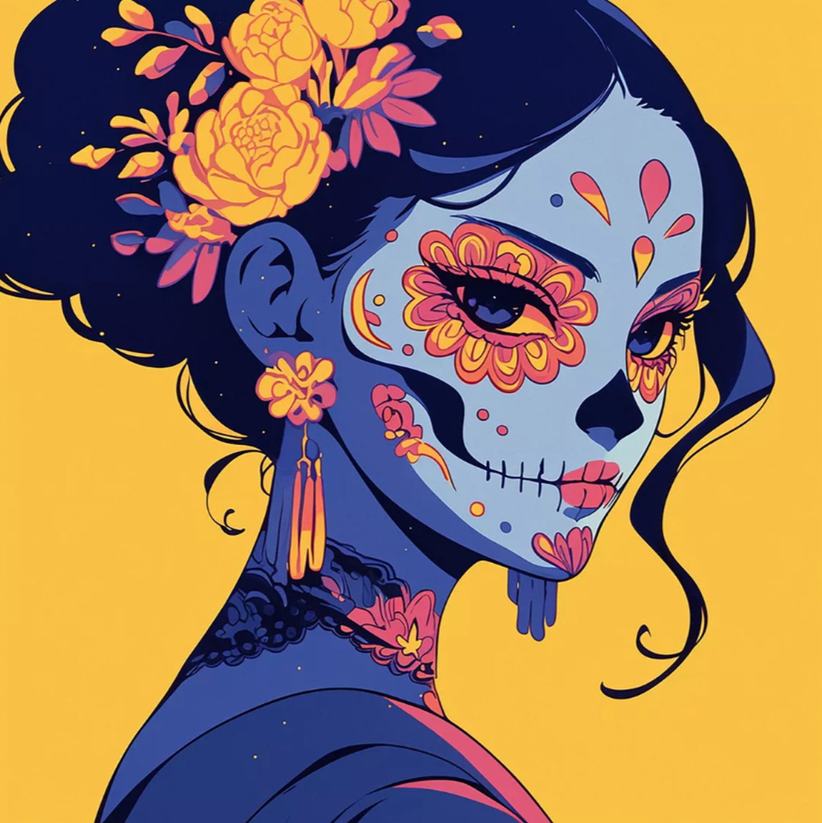 Peinture acrylique de style mexicain « Mictecacihuatl II » (2025) par Kosta Morr