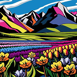 Pop-Art Landschaftsmalerei „Alpine meadows III“ (2025) von Kosta Morr, Acryl auf Leinwand