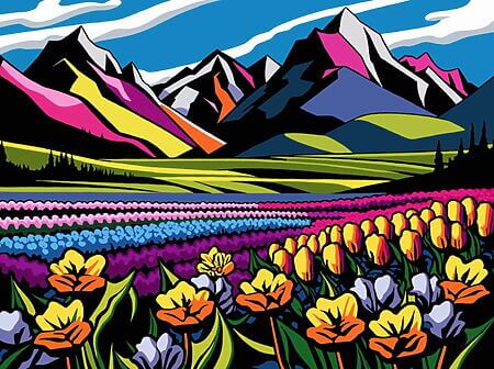 Paisaje pop art «Prados alpinos III» (2025) de Kosta Morr, acrílico sobre lienzo