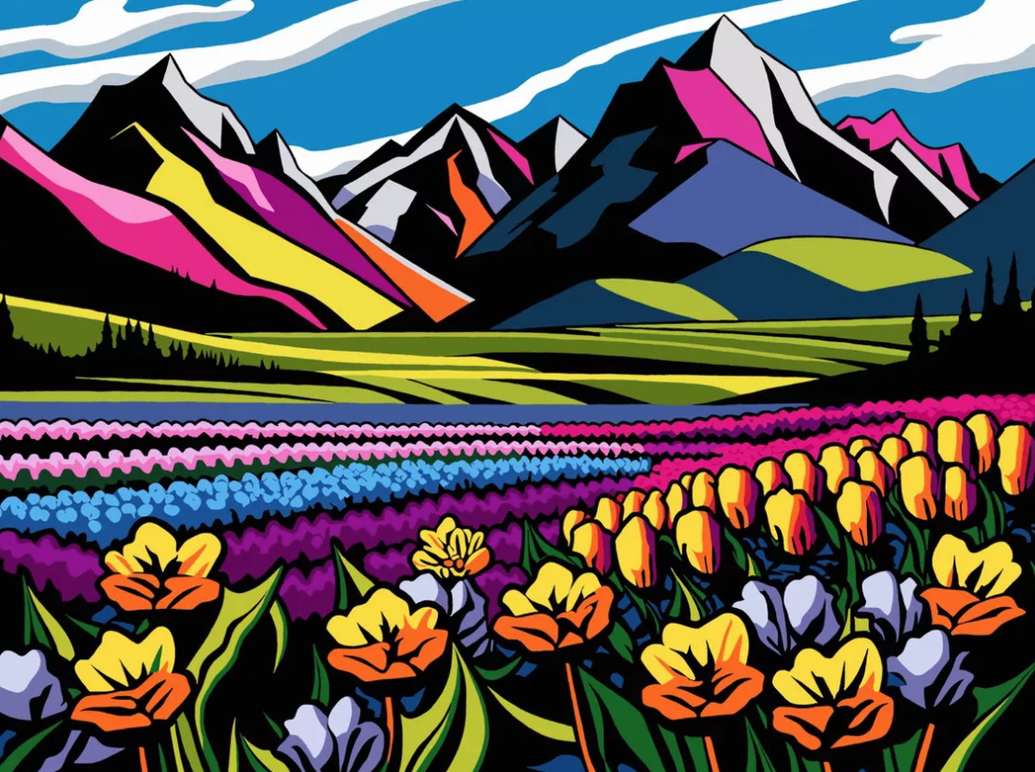 Paysage Pop Art « Prairies alpines III » (2025) de Kosta Morr, acrylique sur toile