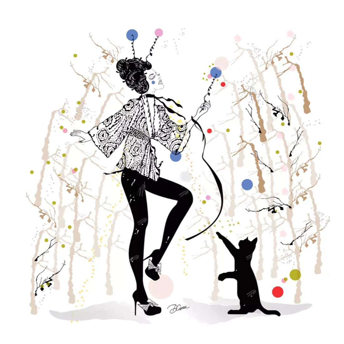 “Cinzia and her Cat” (2025) by Artemisia, limited offset print in Art Deco style