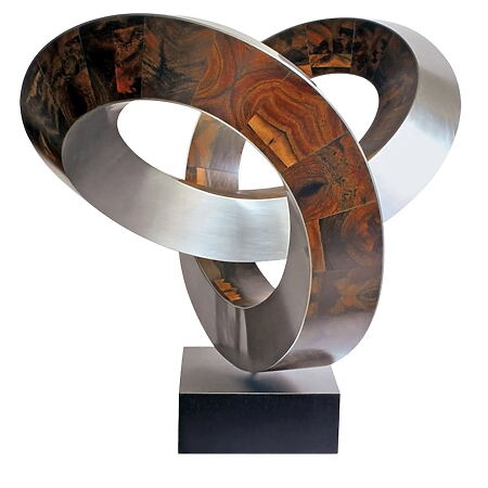 Abstrakte Skulptur "Bimedion L" (2024) von Nikolaus Weiler, Unikat aus Edelstahl und Senna-Holz