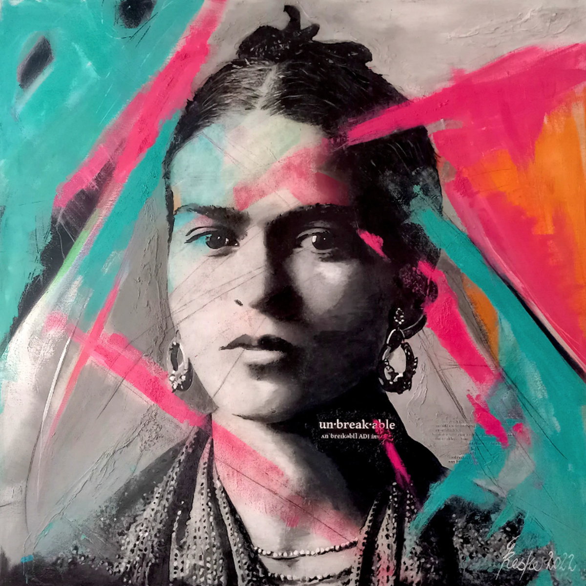 Peinture acrylique « Frida (Kahlo) III - Incassable » (2022) par Su Sea