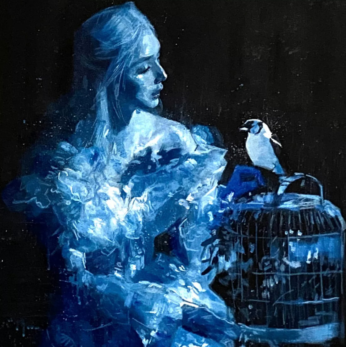 Dipinto acrilico &quot;Sussurri nella notte blu&quot; (2025) di Paul Cheng