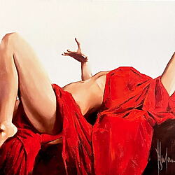 Sinnliche Ölmalerei "After Party #77. Nataly in red." (2021) von Igor Shulman