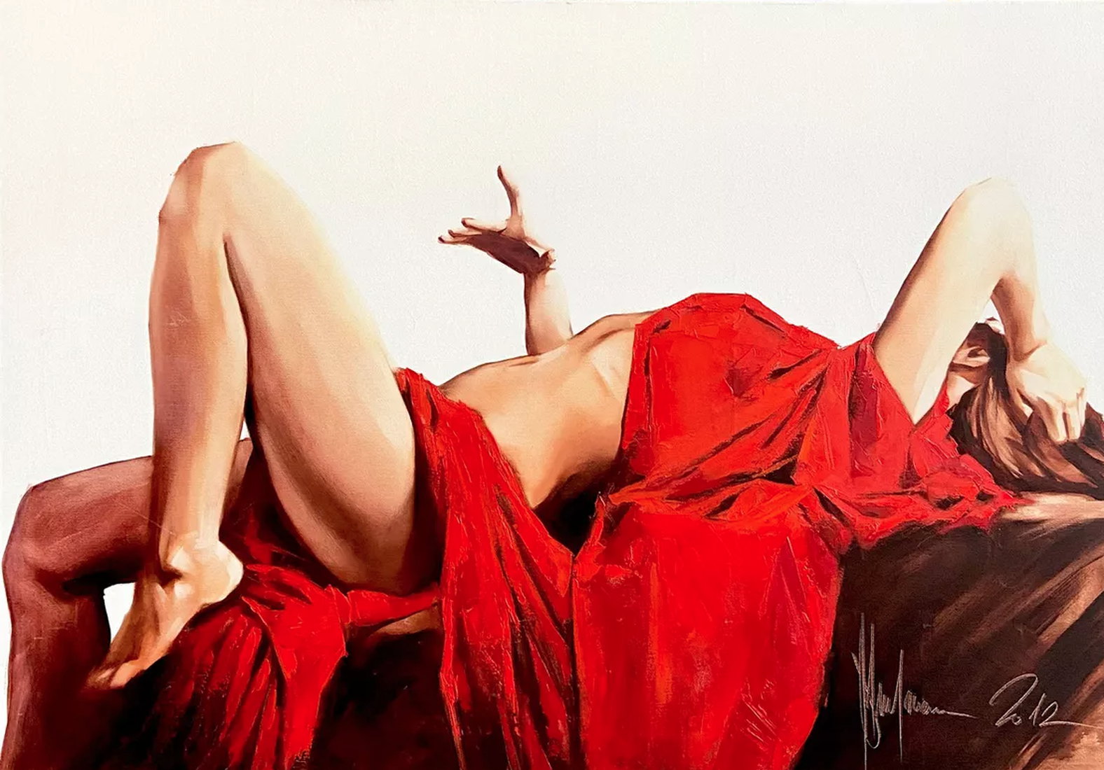 Sinnliche Ölmalerei "After Party #77. Nataly in red." (2021) von Igor Shulman