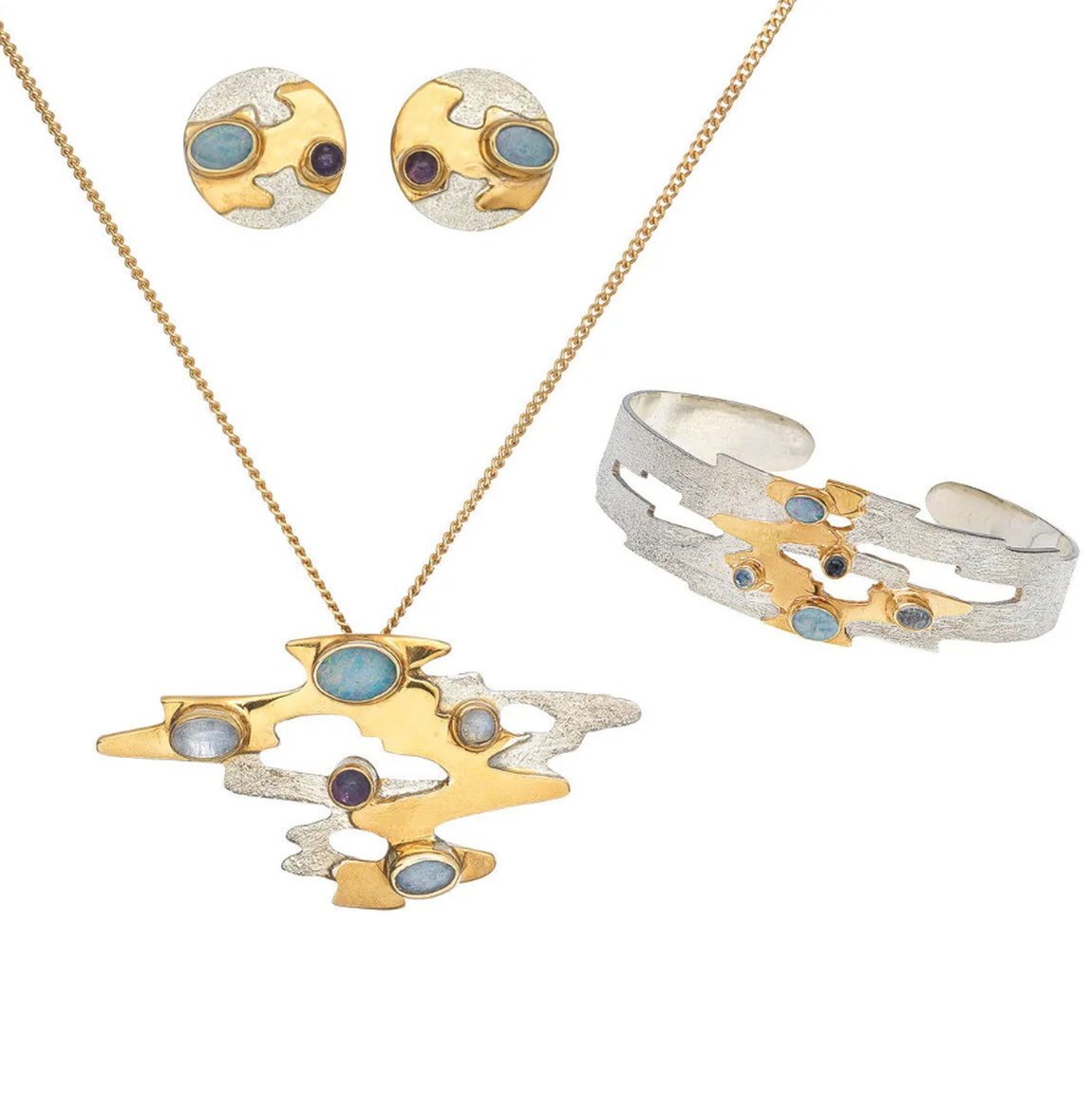 Artistic jewelry set &quot;Monet Reflections&quot;, 925 sterling silver partially gold-plated, moonstone