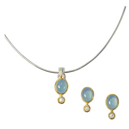 Schmuckset „Estelle“, Aquamarin + Süßwasserperlen + 925er-Sterlingsilber