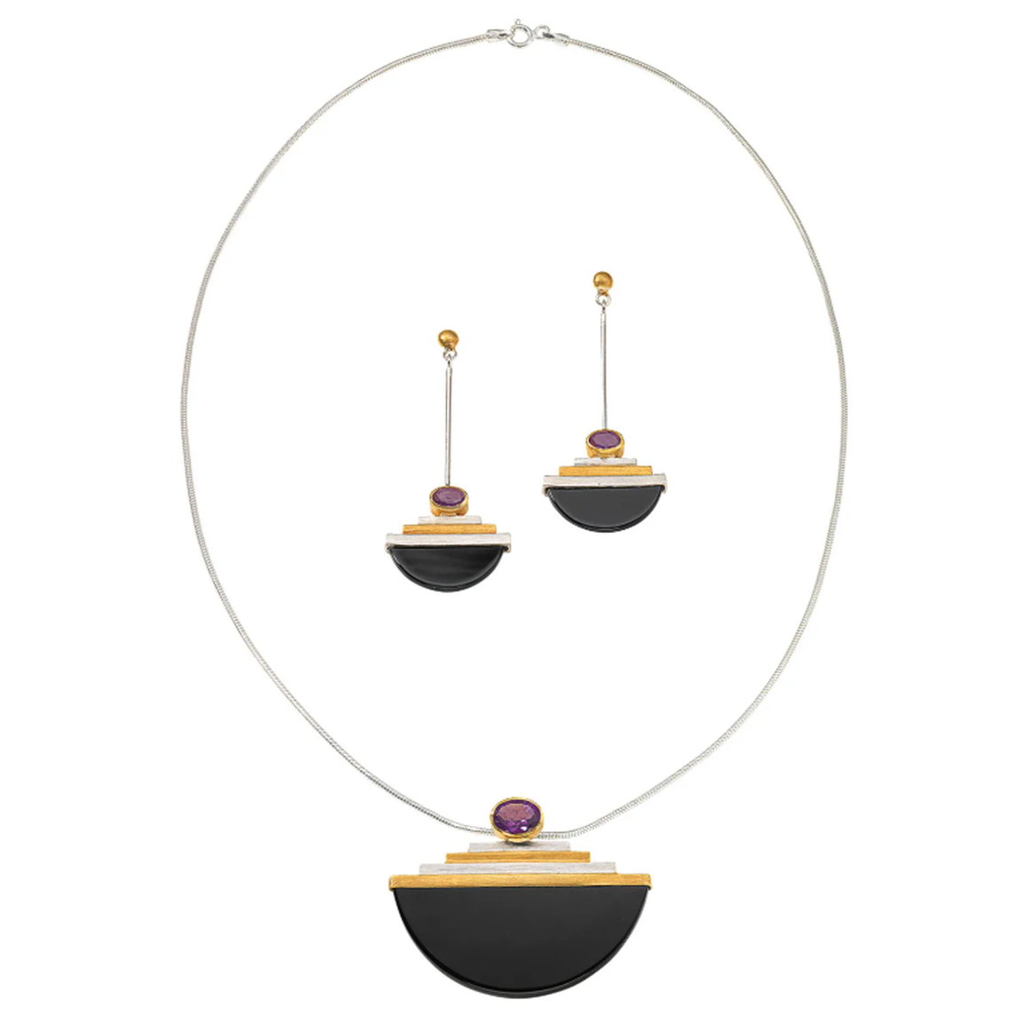 Parure « Adeline », onyx + améthyste + argent sterling 925
