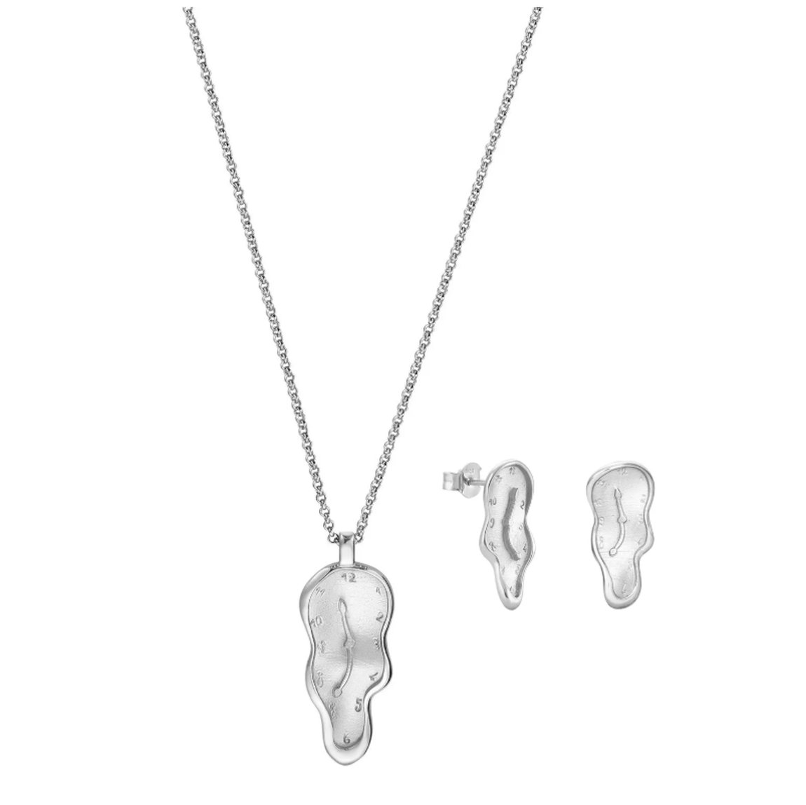 Parure de bijoux artisanale « La Persistance de la Mémoire » d&#39;après Salvador Dalí, argent plaqué platine