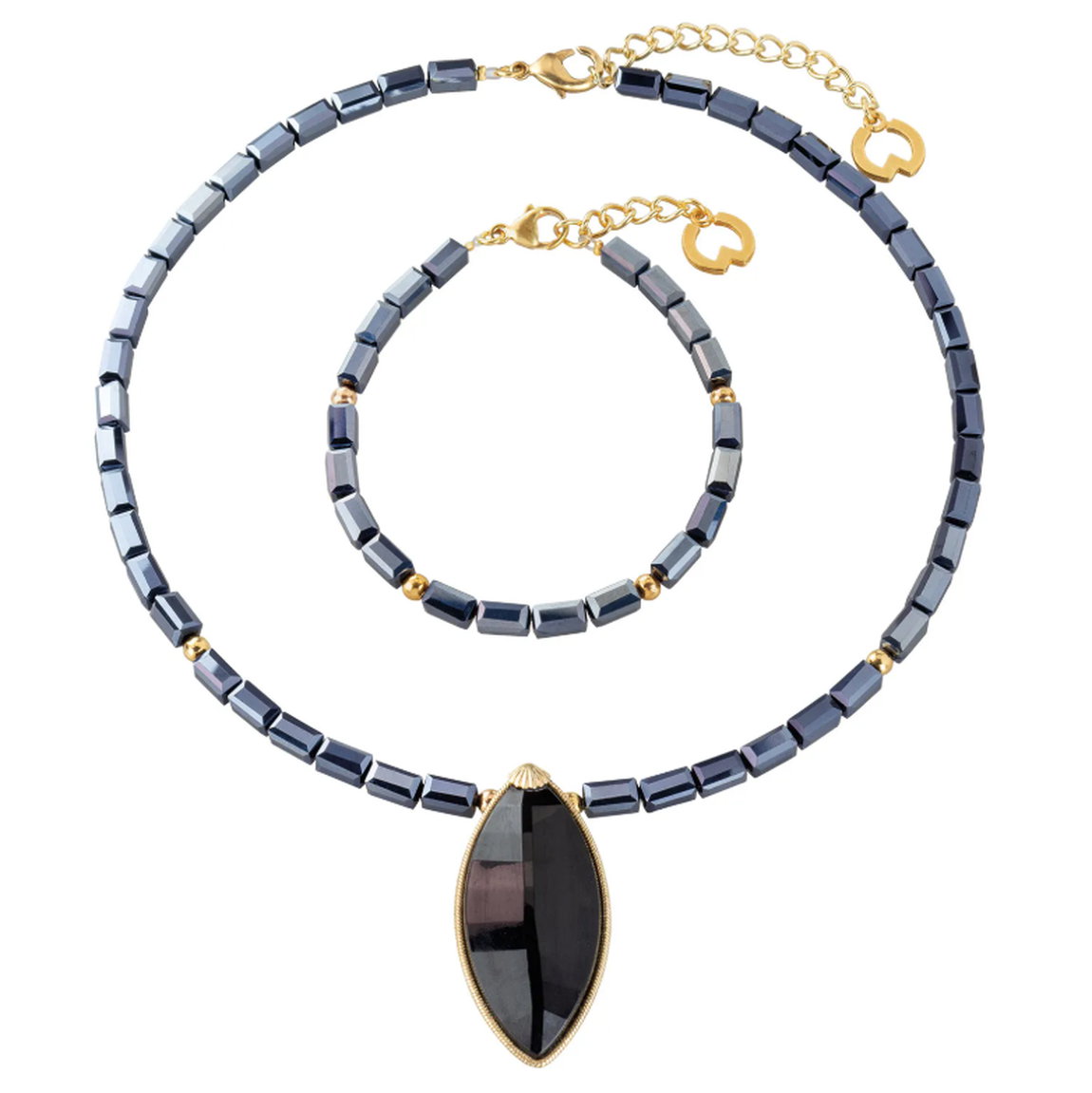 Parure de bijoux 2 pièces « Desdemona », verre de Murano + laiton plaqué or, par Petra Waszak