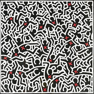 Popart-meesterwerk "Untitled, April" (1985) van Keith Haring, reproductie op papier
