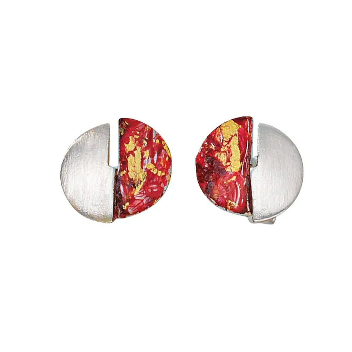 Orecchini a bottone &quot;Fire Dance&quot; fatti a mano da Kreuchauff-Design, argento sterling spazzolato con pigmenti colorati e foglia d&#39;oro