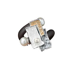 Handgefertigter Statement-Ring "Art Déco" von Anna Mütz, Silber + Gold + Perlen