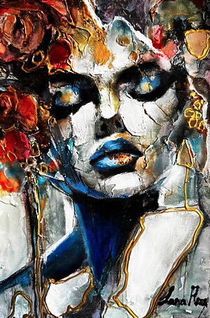 „Where Shadows Touch Her Light” (2025) – Expressives Frauenportrait von Lana Frey, Mixed-Media