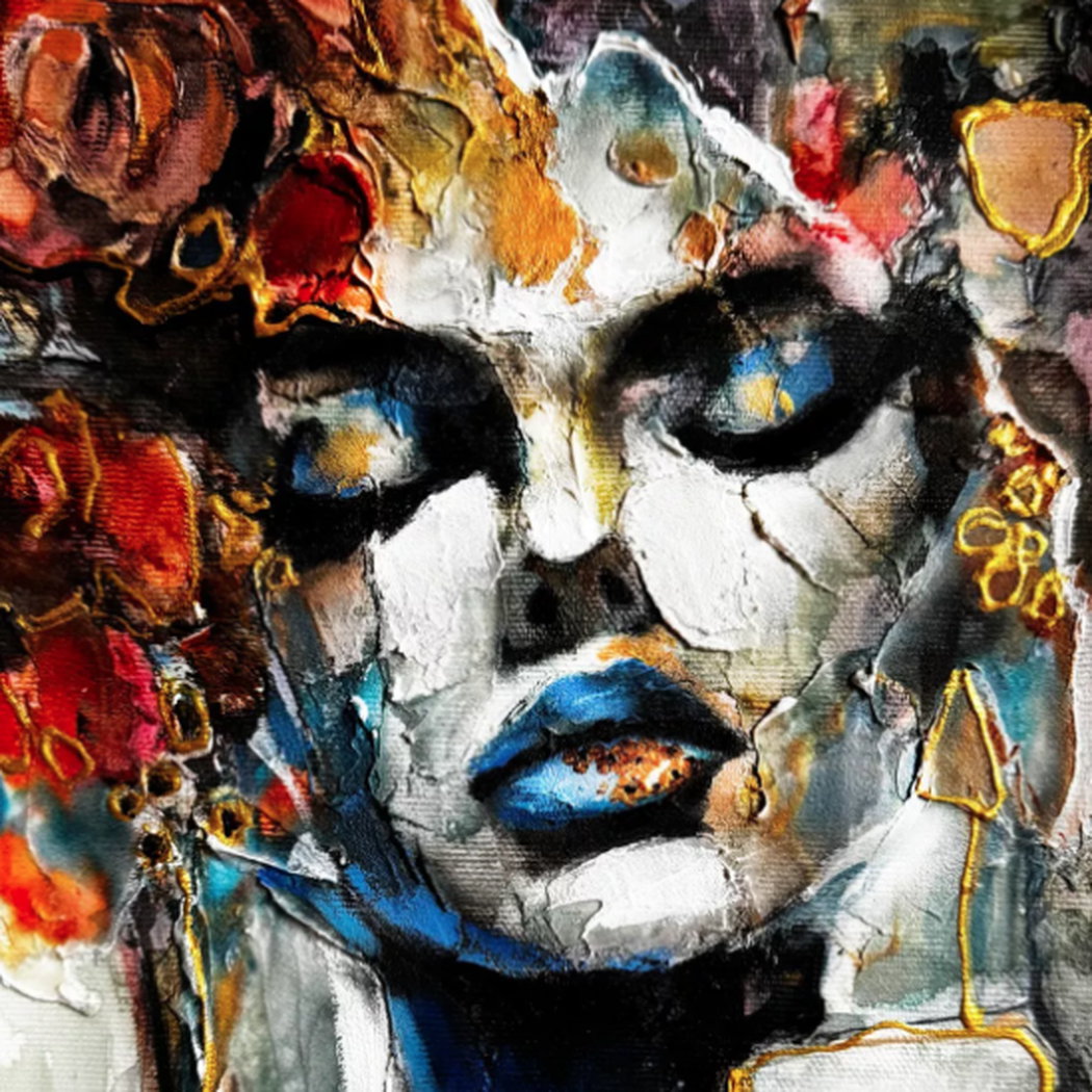 “Where Shadows Touch Her Light” (2025) – Expressive female portrait by Lana Frey, mixed media