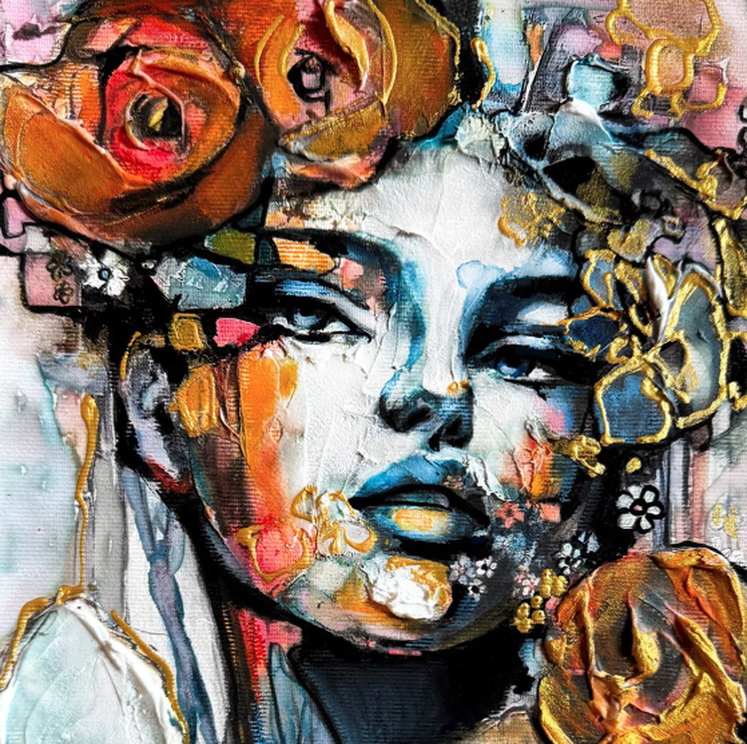“Roses of Eternal Light” (2025) – Expressive female portrait by Lana Frey, mixed media