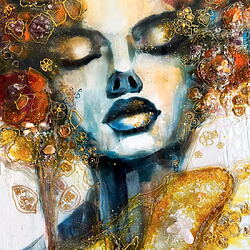 Bekijk kunstwerken "Vurig Hart" (2025) - Expressief schilderij in gemengde technieken van Lana Frey (Tsjechië)