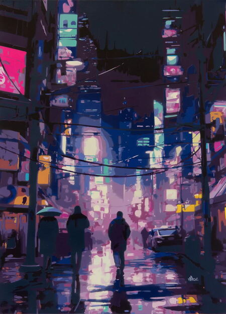 Spray Paint Gemälde "New York City Wired" (2024) von Marco Barberio, Cyberpunk-Ästhetik