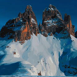 Fotorealistisches Acrylgemälde „Cime di Lavaredo at Sunset“ (2025) von Marco Barberio