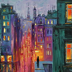"City Cat and Night Lights” (2025) – Urban Art Gemälde von Trayko Popov, Acryl auf Leinwand