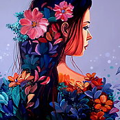 "Flowers" (2023) – Farbenfrohes Frauenportrait von Trayko Popov, Acryl auf Leinwand