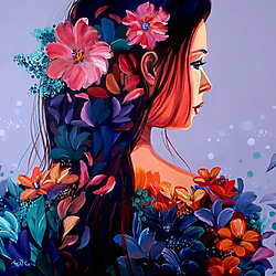 "Flores" (2023): Retrato colorido de una mujer de Trayko Popov, acrílico sobre lienzo