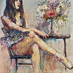Portrait einer Ballerina “Flowers for the prima” (2025) von Liubou Sas, Öl auf Leinwand