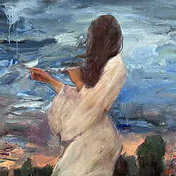 Ölmalerei “She Weaves Her Hair Into Clouds” (2026) von Liubou Sas