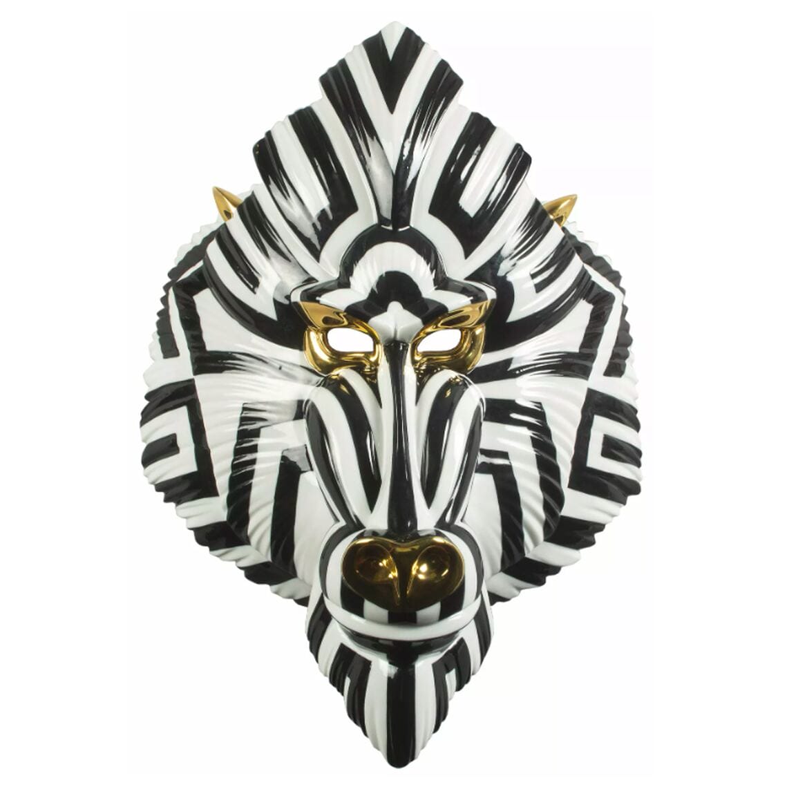 Wall object &quot;Mandrill Mask Black and Gold&quot; by Lladró, African mask made of porcelain