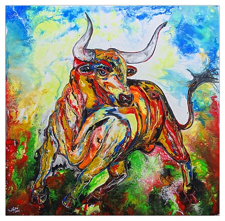 Attila - Stierbilder gemalt, wilder Stier Gemälde, Leinwandbild, Bulle.