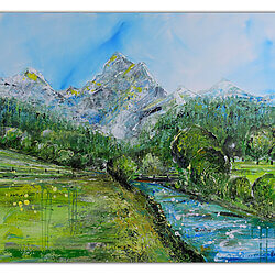 Bergen, rivier, schilderij, groen, landschapsschilderij, abstract, schilderij op doek, modern
