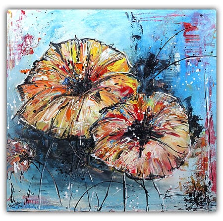 Blumen Duett, Blumenbild gemalt, Blumenmalerei bunt, Leinwandbild, Blüten
