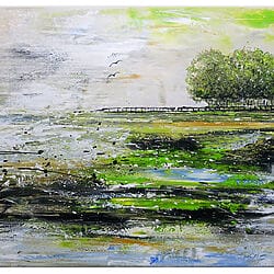 Het abstracte schilderij van een eiland op canvas met bomen, een meer, natuur, groen en grijs, handgeschilderd