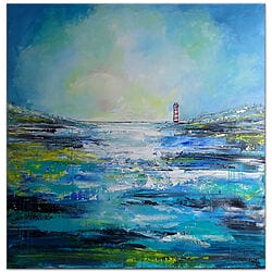 Schilderij van een eenzame vuurtoren aan de kust, zee, handgeschilderd origineel schilderij van de kunstenaar