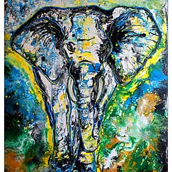 Olifant, mannetjesolifant, handgeschilderd acrylverfschilderij, giettechniek