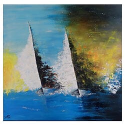 Muurschildering met vuurzeelieden, zeilboten, regatta, maritiem abstract kunstwerk