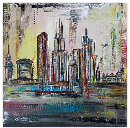 Frankfurt Skyline abstrakt gemalt Leinwandbild Acrylgemälde Römer Göthehaus Westend Commerztower