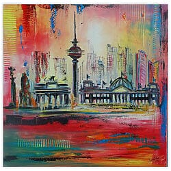 Peinture acrylique sur toile représentant la skyline de Berlin, la porte de Brandebourg et la colonne de la paix du Reichstag, peinte à la main