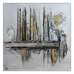 Arte abstracto con vetas doradas, pintura acrílica plateada y dorada sobre lienzo, cuadro pintado a mano