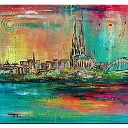 Cologne skyline with cathedral, bridge, cityscape, urban painting