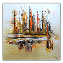 Médine - peinture abstraite, vue de la ville, peinte à la main, beige-orange, peinture originale