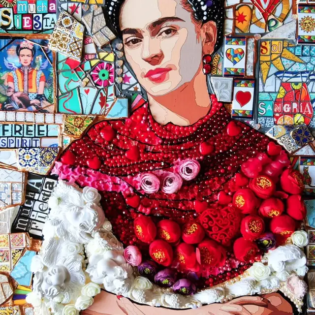Title: &quot;Frida Kahlo&quot; (2024) Artist: Bast (Russia) Medium: Mixed Media, Sculptural 3D wall art Edition / Edition: Unique Style: Urban Art, Pop Art, Ethnic Art Motif (E): Portrait, Women, Celebrrities Dimensions: 60 x 80 x 5 cm (unfamiliar) Three -dimensional wall art paintings with Frida Kahlo, created with acrylic paints, relief contours, Spanish mosaics from Barcelona, ​​three -dimensional plastering, fabric flowers, decorative pearls and other recycling objects found. The work and the certificate of authenticity are signed by the artist on the back. International shipping in a stable box or role. Copyright: @Artfinder_com / Bast #Fridakahlo❤️ #fridakahlo #mixedmediaart #wandkunst #walldecoration
