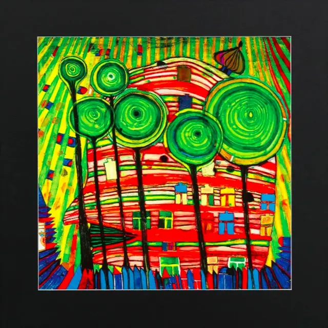 Friedensreich Hundertwasser: &quot;Blobs Grow in Beloved Gardens&quot; It is not least the handling of the color that makes Hundertwasser&#39;s work so unique. He instinctively uses them (according to the well -known art historian Wieland Schmied) and thus achieves the greatest possible effect with dream -related security. The deep black painted solid wood strip of the glazed frame and the black passpartout with a white slanted cut edge makes hundred water shine even more. High-quality reproduction in 7 to 9 colors, refined in a embossing process with strongly light-breaking metal foil and partly coated with partial UV lacquer. Format 59 x 59 cm. The works shown are protected by copyright. © Namida AG, Glarus/CH. #hundertwasser #Artprints #limitedprint #belovedgarden #kunst print
