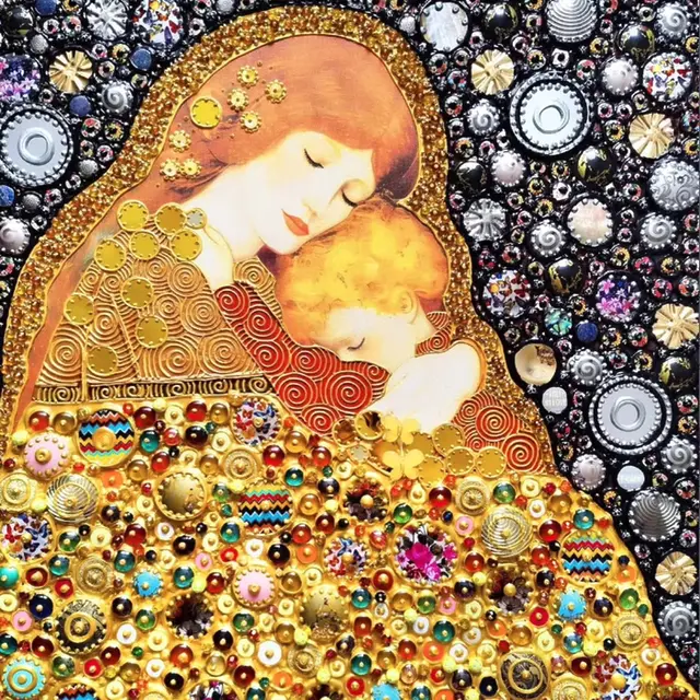 Mixed media painting "Mother and Baby" (2024) from Bast, Sculptural 3D wall art artists: BAST (Russia) Medium: Mixed Media, Sculptural 3D wall art Edition / Edition: Unique Style: Impressionism, Pop Art, Art Nouveau Motif (E): Women, Love, Children Dimensions: 60 x 70 x 4 cm (Inspired) Mother and child (inspired) by Gustav Klimt) - a romantic, magical family artwork, original painting on canvas decorated with precious stones (pearl, abalons), acrylic paints, relief structures, decorative glass, Mirrors n, fimo, muranoglas (Venetian) and other decorative elements. The work and the certificate of authenticity are signed by the artist on the back. International shipping in a stable box or role. Copyright: Artfinder / Bast #Motherlove #Mixedmediaart #mixedmediacollage #goldpainting #sculptural_painting #sculpturalobjects #3dwalldecor #wandkunst #walldecoration #walldeco